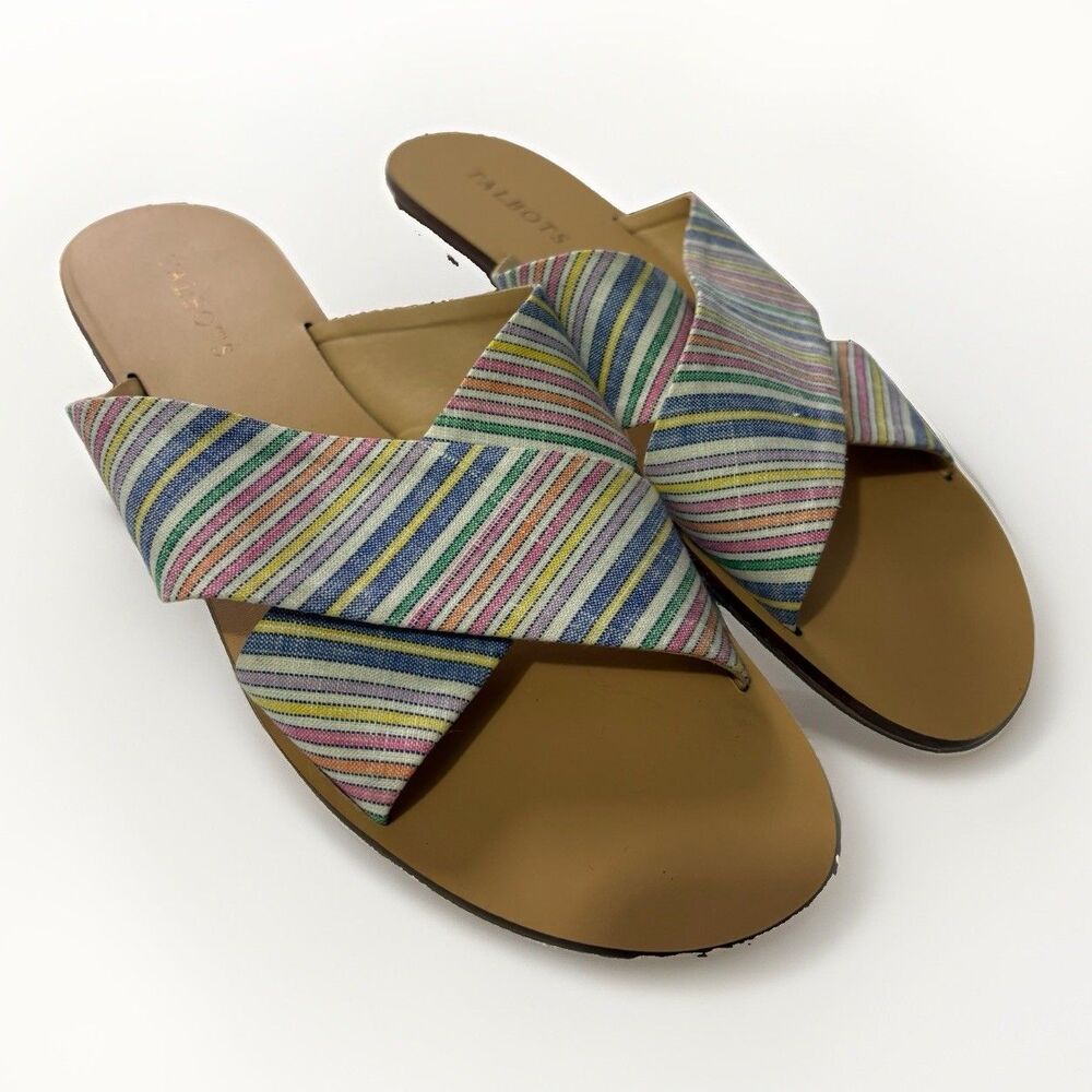 Talbots Womens Multi-Stripe Criss-Cross Flat Slide Sandals Size 10 Beachy Summer